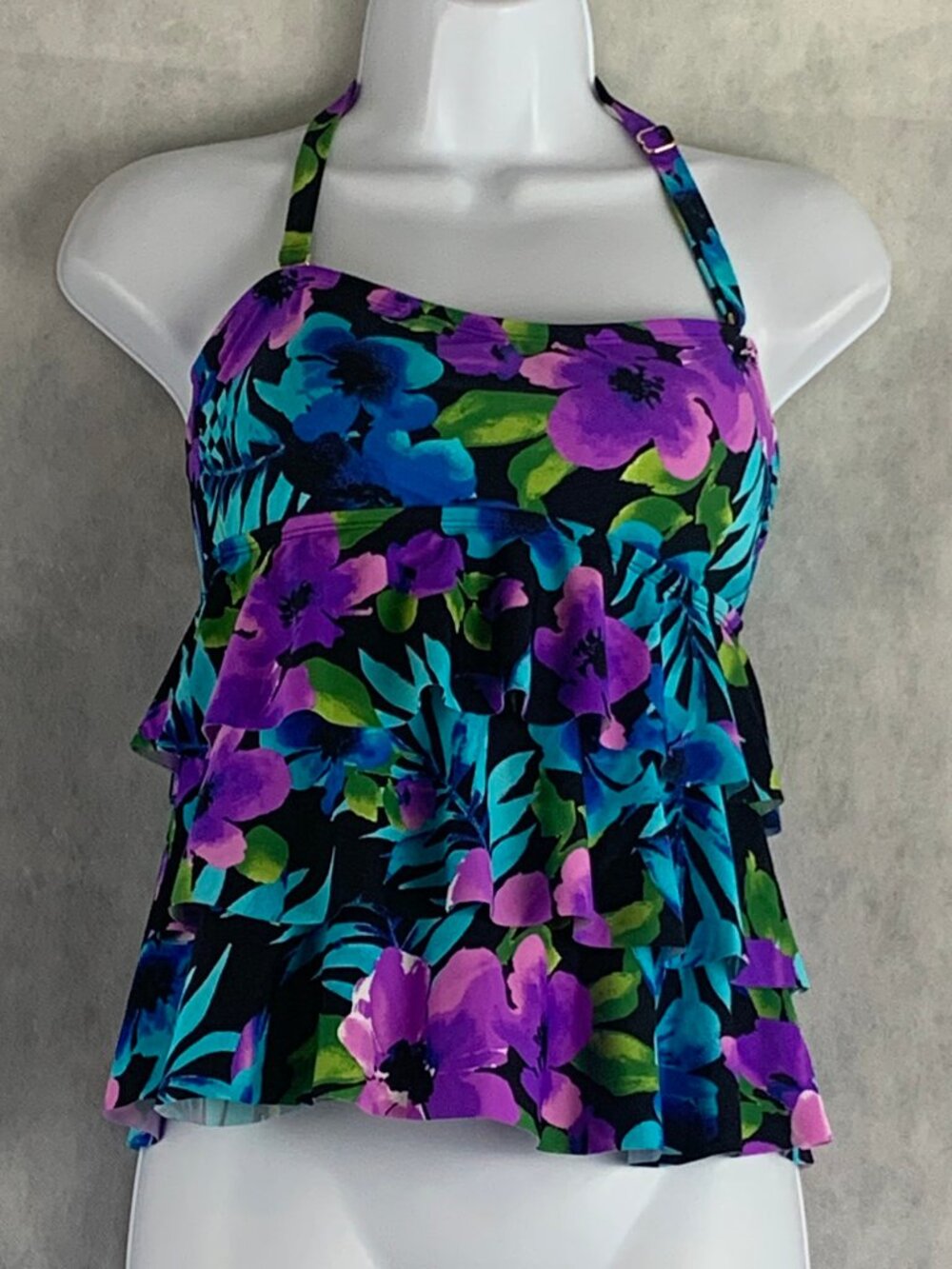 Island Escape Floral Ruffled Bandeau Tankini Swim Top Swimsuit, Purple Multi, 6